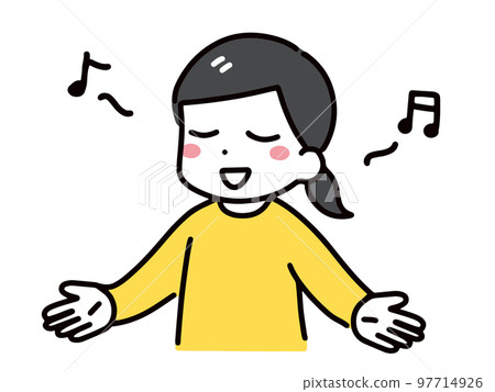 A young woman (upper body) with her eyes closed, smiling and singing contentedly in casual clothes. A young woman (upper body) with her eyes closed, smiling and singing contentedly in casual clothes. 97714926