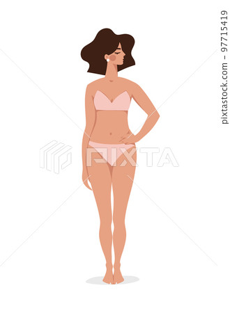 Beautiful model girl in panties and bra, female character in flat cartoon style for beauty salon, cosmetology, depilation. The concept of women s health, menstruation. Vector illustration isolated on 97715419