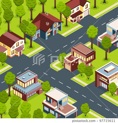 Suburban Houses Isometric Landscape Suburban Houses Isometric Landscape 97715611