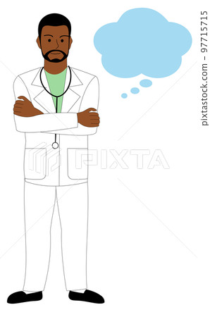 雙臂交叉的黑人醫生和一組對話泡泡 雙臂交叉的黑人醫生和一組對話泡泡 97715715