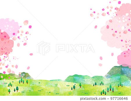 Background material collage of cherry blossoms and mountains Background material collage of cherry blossoms and mountains 97716646