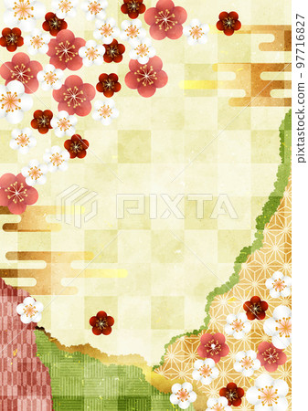 Plum corner and cloud paper joint Japanese background vertical sunny color 97716827