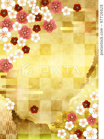 Plum corner and cloud paper joint Japanese background vertical gold 97716828