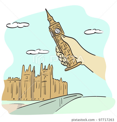 hand holding big ben illustration vector hand drawn isolated on white background line art. hand holding big ben illustration vector hand drawn isolated on white background line art. 97717263