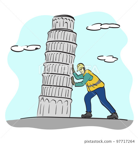 construction worker with hard hat trying to push the leaning pisa tower illustration vector hand drawn isolated on white background line art. construction worker with hard hat trying to push the leaning pisa tower illustration vector hand drawn isolated on white background line art. 97717264