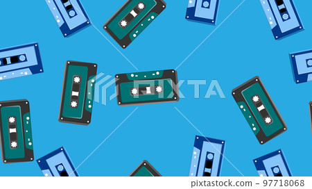 Seamless pattern endless with music audio cassettes old retro vintage hipster from 70s, 80s, 90s isolated on blue background. Vector illustration 97718068