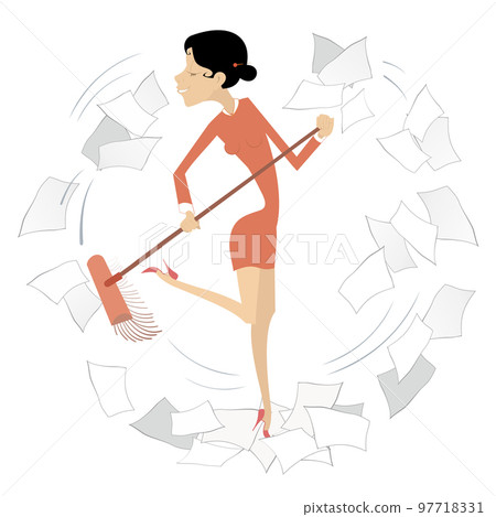 Businesswoman sweeps papers from the office illustration. Young woman sweeps papers from the office using a broom. Isolated on white Businesswoman sweeps papers from the office illustration. Young woman sweeps papers from the office using a broom. Isolated on white 97718331