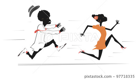 Young African woman runs away from the African man.  Upset African man trying to catch up a runaway African woman. Isolated on white 97718335