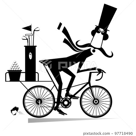 Man on the bike goes to play golf illustration. Cycling long mustache man in the top hat with golf clubs and balls is on the way to the golf course. Black on white 97718490