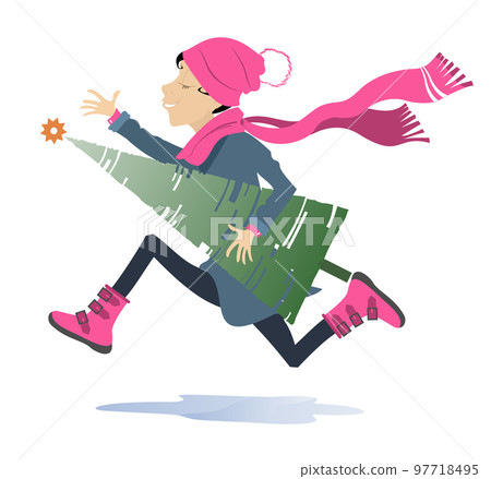 Christmas, New Year day. Funny running woman in the hat and big scarf carrying a fir. Funny running woman in the hat and big scarf carrying a fir. Illustration on white background Christmas, New Year day. Funny running woman in the hat and big scarf carrying a fir. Funny running woman in the hat and big scarf carrying a fir. Illustration on white background 97718495