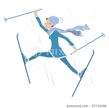Skiing young woman illustration. Winter sport. Young skier woman. Isolated on white background Skiing young woman illustration. Winter sport. Young skier woman. Isolated on white background 97718496