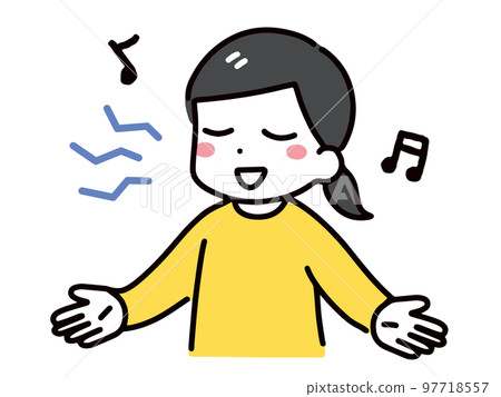 A young woman in casual clothes (upper body) singing happily despite being tone-deaf. A young woman in casual clothes (upper body) singing happily despite being tone-deaf. 97718557