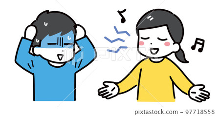 一個音盲女人和一個男人抱著他的頭 97718558