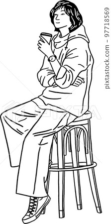 Woman with Coffee Cup sitting on stool People lifestyle Hand drawn line art Illustration 97718569