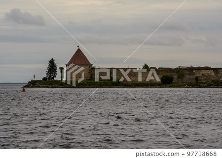 View of the Royal watchtower. Oreshek Fortress. Shlisselburg Fortress near the St. Petersburg, Russia. Founded in 1323. 97718668