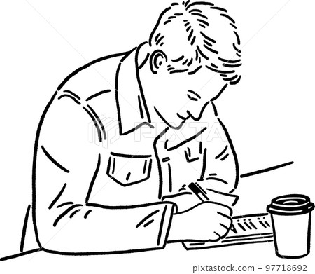 Man writing on paper with Hot coffee People lifestyle Hand drawn line art Illustration Man writing on paper with Hot coffee People lifestyle Hand drawn line art Illustration 97718692