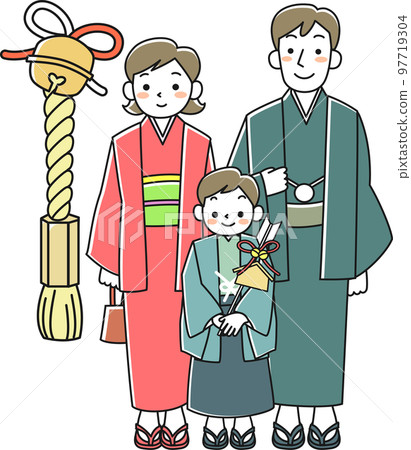 第一次穿著和服參拜神社的一家人 97719304