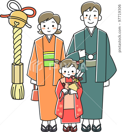 第一次穿著和服參拜神社的一家人 97719306