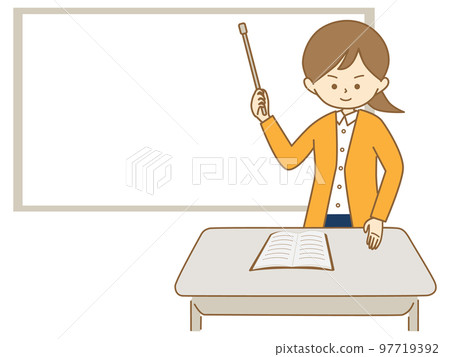 一位身穿開衫並手持教鞭在白板前講話的女士 97719392