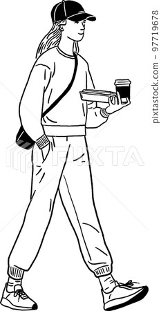 Woman take away food and Coffee city People lifestyle Hand drawn line art Illustration Woman take away food and Coffee city People lifestyle Hand drawn line art Illustration 97719678