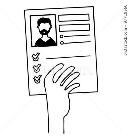 Resume of bearded man in his hand. Vector illustration in doodle style. Job search concept, document, job seeker questionnaire. 97719966