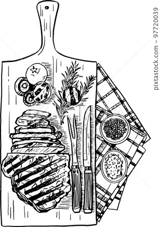 Ribeye Beef steak Grilled meat slice on wooden plate restaurant menu Hand drawn line art vector illustration 97720039