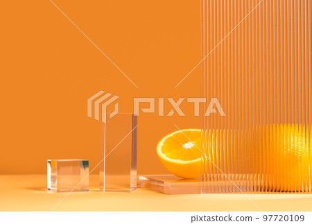 Mockup empty glass stage for product presentation on orange  background. Cosmetic or beauty product advertisement template. 97720109