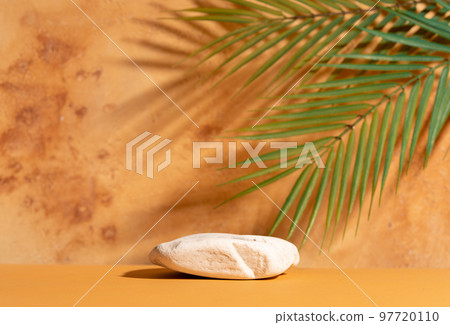 Natural empty background for cosmetic product presenation, packaging mockup made with stone and palm leaves. Minimal nature scene. Front view, copy space. Natural empty background for cosmetic product presenation, packaging mockup made with stone and palm leaves. Minimal nature scene. Front view, copy space. 97720110