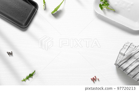 Flat lay of a kitchen or a butcher shop with various food items Flat lay of a kitchen or a butcher shop with various food items 97720213