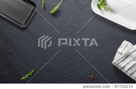 Flat lay of a kitchen or a butcher shop with various food items Flat lay of a kitchen or a butcher shop with various food items 97720214