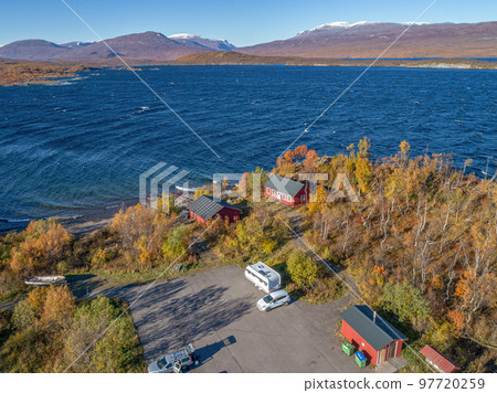 aerial Car Camping Caravan parking lake Abisko national park Bjoerkliden swedish lapland fall colors ruska indian summer aerial Car Camping Caravan parking lake Abisko national park Bjoerkliden swedish lapland fall colors ruska indian summer 97720259