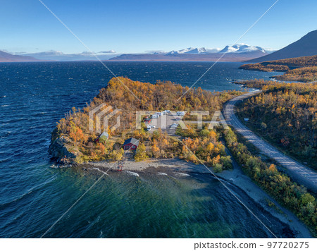aerial Car Camping Caravan parking lake Abisko national park Bjoerkliden swedish lapland fall colors ruska indian summer aerial Car Camping Caravan parking lake Abisko national park Bjoerkliden swedish lapland fall colors ruska indian summer 97720275