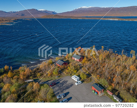 aerial Car Camping Caravan parking lake Abisko national park Bjoerkliden swedish lapland fall colors ruska indian summer aerial Car Camping Caravan parking lake Abisko national park Bjoerkliden swedish lapland fall colors ruska indian summer 97720282