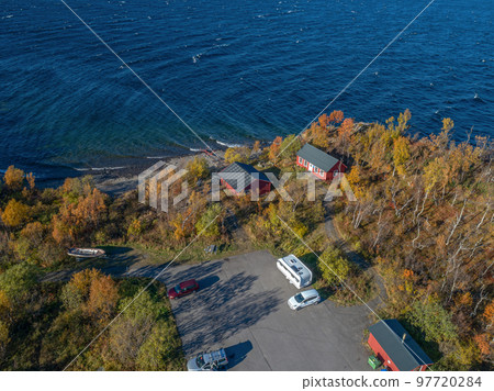 aerial Car Camping Caravan parking lake Abisko national park Bjoerkliden swedish lapland fall colors ruska indian summer aerial Car Camping Caravan parking lake Abisko national park Bjoerkliden swedish lapland fall colors ruska indian summer 97720284