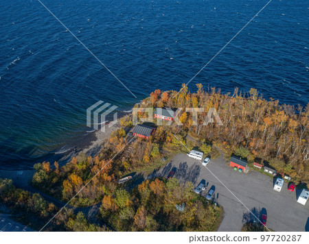 aerial Car Camping Caravan parking lake Abisko national park Bjoerkliden swedish lapland fall colors ruska indian summer aerial Car Camping Caravan parking lake Abisko national park Bjoerkliden swedish lapland fall colors ruska indian summer 97720287