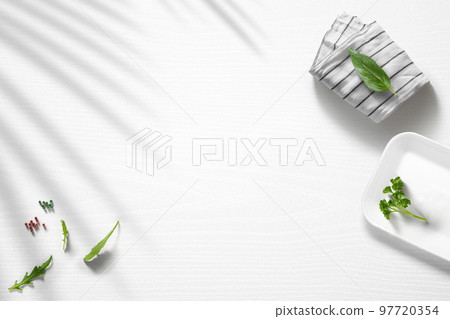 Flat lay of a kitchen with various food items Flat lay of a kitchen with various food items 97720354