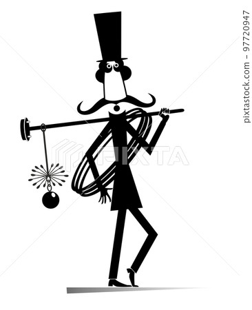 Cartoon chimney sweeper illustration. Cartoon chimney sweeper in the top hat standing with the rope and chimney brushes. Black on white background Cartoon chimney sweeper illustration. Cartoon chimney sweeper in the top hat standing with the rope and chimney brushes. Black on white background 97720947