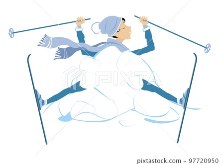 Young skier woman and a big snowdrift illustration.  Skiing young woman. Skier woman appears from the big snowdrift. Isolated on white background 97720950