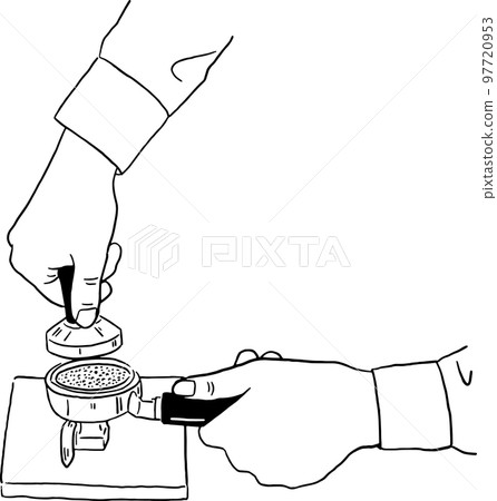 Coffee tamping Barista hand Making Coffee Hand drawn line art illustration  97720953
