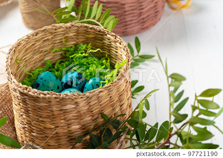 Blue painted eggs in a nest for Easter 97721190