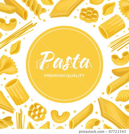 Pasta banner. Italian macaroni of various shapes for menu, flyer, card, packaging design cartoon vector 97721543