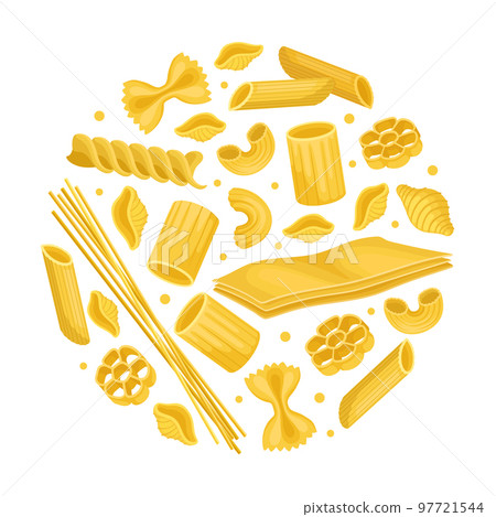 Italian pasta banner. Dry macaroni of various shapes for menu, poster, flyer, card, packaging design cartoon vector 97721544