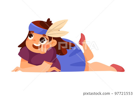 Naughty Little Girl Lying on the Floor with Feather Band on Her Head Vector Illustration 97721553