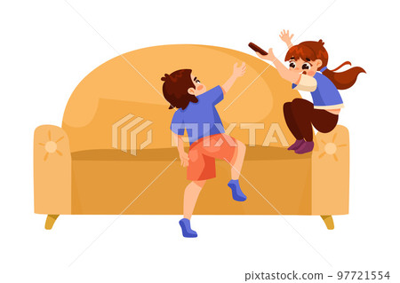 Naughty Little Girl and Boy on Sofa Making Mess and Chaos Around Vector Illustration 97721554