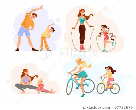 Parents with Their Children Doing Sport and Physical Exercise Vector Set Parents with Their Children Doing Sport and Physical Exercise Vector Set 97721676