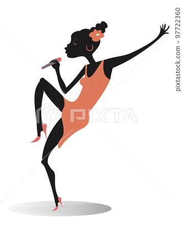 Romantic African woman singer.  Young African woman with microphone sings a song with great inspiration. Illustration on white background 97722360