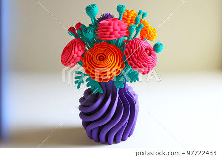 Bright plasticine flower with green stems standing in pretentious vase 97722433