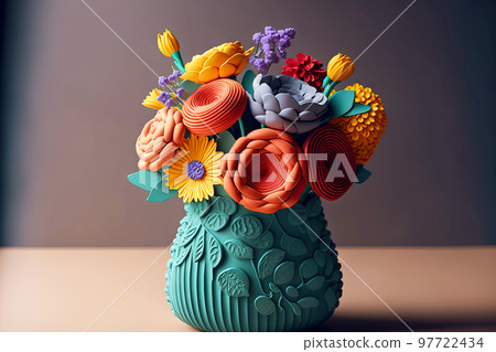 Floral composition of orange and purple plasticine flower in vase 97722434