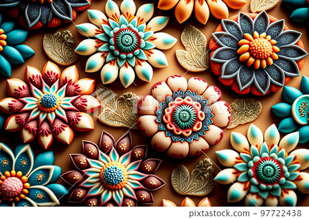 Art panel with beautifully laid out plasticine flower in beige brown tones 97722438