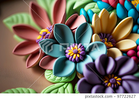 Voluminous multicolored plasticine flower with middle and oval petals Voluminous multicolored plasticine flower with middle and oval petals 97722627